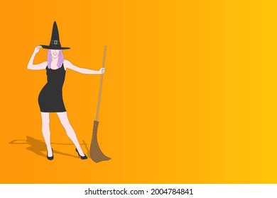 Bruja de pie con la cara oculta de escoba aislada en el fondo para decoraciones de Halloween, Vector de ilustración plana.
