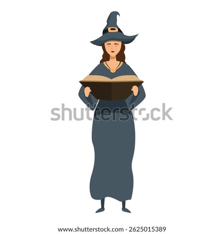 Witch is standing and reading a magic book of spells