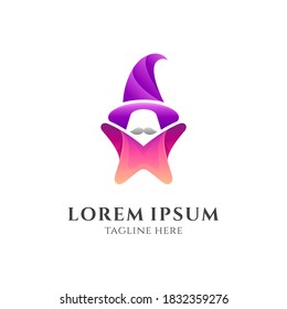 Witch star cartoon character logo. Star, mustache and witch hat shape. Modern cartoon character logo design