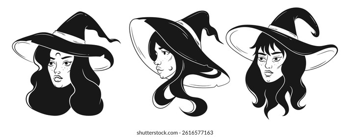 Witch sticker set. Mystical magic elements for tattoo. Hand-drawn Halloween set.