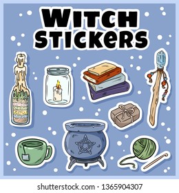 Witch stickers set. Collection of witchcraft labels. Wiccan symbols: cauldron, wand, candle, books