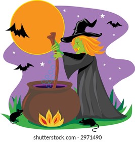 Witch stirring a black cauldron