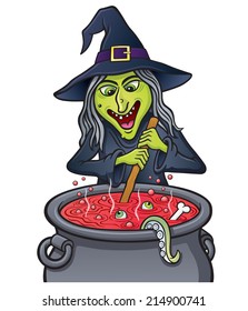 Grinning Witch Stirring Bubbling Cauldron Stock Vector (Royalty Free ...