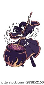 Witch stirring a bubbling purple potion in a cauldron with flames conjuring magic