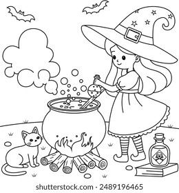 Witch stirring a cauldron, Halloween Outline Coloring Page