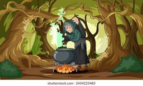 Witch stirring a cauldron in a mystical forest