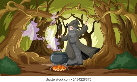 Witch stirring a cauldron in a mystical forest