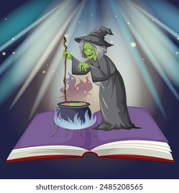 A witch stirring a cauldron on a book