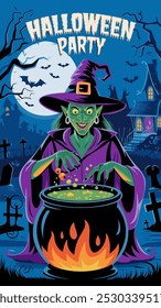 Witch stirring a cauldron at a spooky Halloween party.