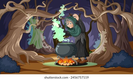 Witch stirring a magical potion in dark forest