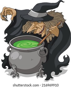 Witch stirring melting pot vector illustration