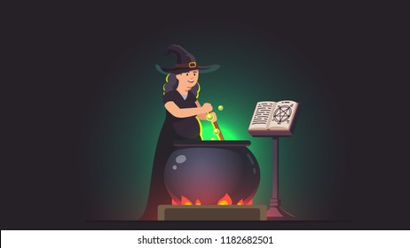 Witch stirring poison brew potion in boiling cauldron on fire next to magic spells grimoire book. Witch alchemy. Halloween holiday witchcraft flat vector illustration isolated on dark background