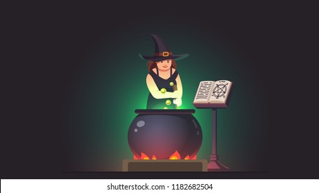 Witch stirring poison brew potion in boiling cauldron on fire next to magic spells grimoire book. Witch alchemy. Halloween holiday witchcraft flat vector illustration isolated on dark background