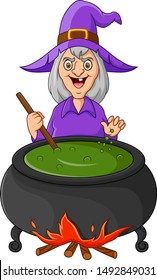 
the witch is stirring the potion