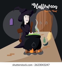 Witch stirring potion brew. Vector illustration