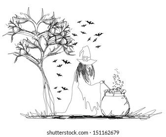witch stirring a potion in cauldron 