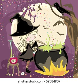 witch stirring a potion in cauldron