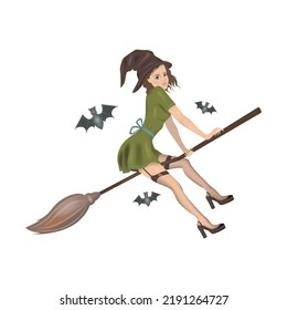 Witch in stockings flying on a broomstick and bats. Postcard for the autumn holiday Halloween. Vector illustration