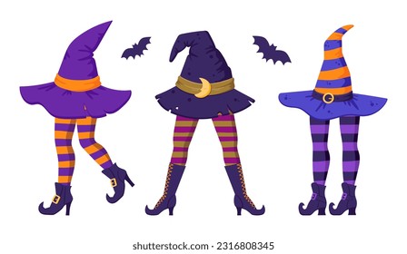 Witch stockings legs and hats. Halloween funny party elements, wizard headwear and witch stockings legs flat vector illustration set