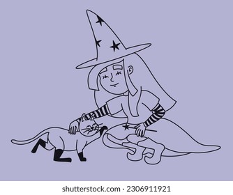 Witch stroking cat. Halloween character in outline style.