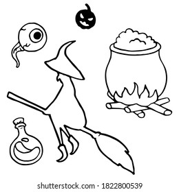 Witch stuff sticker set on white isolated backdrop. Eyeball and cauldron for invitation or gift card, notebook, bath tile, scrapbook. Phone case or cloth print. Doodle style stock vector illustration