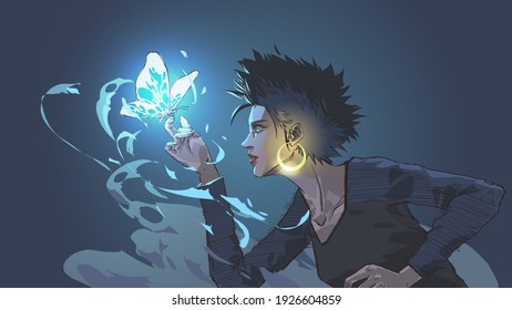 the witch summons a glowing blue butterfly with magic power, vector illustration