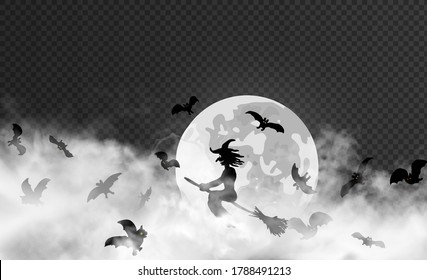 The witch surrounded by bats flyes through smoke clouds against the Moon on the dark transparent background. Halloween vector realistic illustration. May be placed in front of any other dark backdrop.