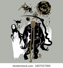 Witch surrounded by goblins. Ukrainian folklore.