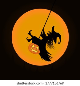 Witch swinging on a pumpkin on a moon background, color vector illustration for Halloween, design, decoration, banner, poster