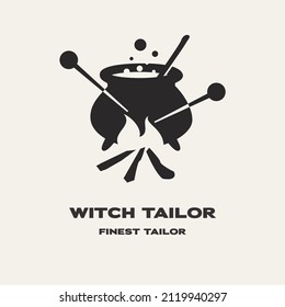Witch tailor shop logo emblem in lettering style with needle. Vector illustration design.