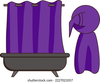 The witch takes a bath with the curtain closed. Witch clothes hanging on a hook nearby. Vector illustration.