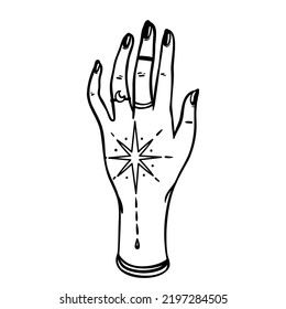 Witch tattooed hands with magic star. Alchemy, spirituality, occultism, tattoo art. Isolated black and white vector illustration. Halloween concept. Wiccan magic.