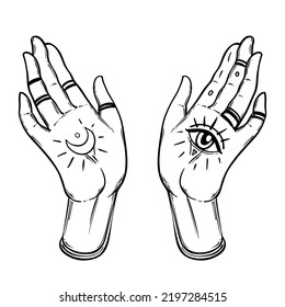 Witch tattooed hands with magic star. Alchemy, spirituality, occultism, tattoo art. Isolated black and white vector illustration. Halloween concept. Wiccan magic.