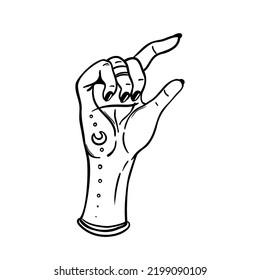 Witch tattooed hands with magic star. Alchemy, spirituality, occultism, tattoo art. Isolated black and white vector illustration. Halloween concept. Wiccan magic.