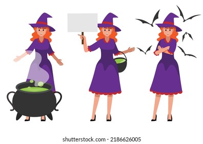  witch teen set wearing purple dress characters vector character set  ,Vector illustration 