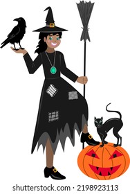 Witch teenager with a black raven on her hand a black cat pumpkin and a broom Happy halloween holiday theme Vector