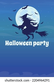 Witch Themed Party On Halloween Flat Vector Banner Template. Full Moon Magic. Witchcraft Poster, Leaflet Printable Color Designs. Editable Flyer Page With Text Space. Spicy Rice Regular Font Used