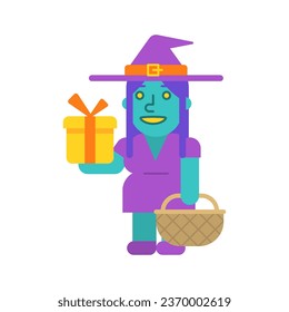 Witch three quarters holding gift box holding basket and smiles. Vector Illustration