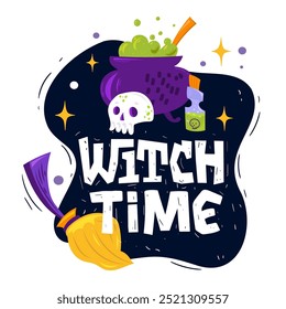 Witch Time. Bubbling cauldron, broom, skull, and potion bottle. Halloween vector illustration.