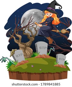 Witch with tomb cartoon style isolated on white background illustration