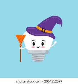 Witch tooth implant with purple magic hat and broom isolated vector icon. Cute tooth in Halloween carnival costume- dental character for dentist halloween card. Flat design cartoon illustration.  