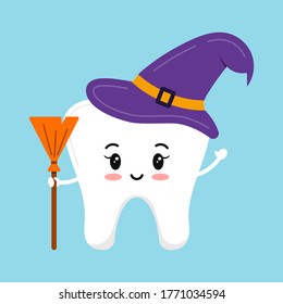 Witch tooth with purple magic hat and broom isolated vector icon. Cute tooth in Halloween carnival costume- dental character for dentist halloween card. Flat design cartoon style illustration.  