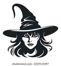 witch with traditional hat - sorceress costume for halloween black and white vector portrait