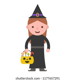 witch and trick or treat basket, children in Halloween costume, flat design spooky Halloween theme