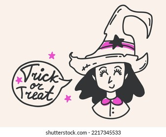Witch with trick or treat speech bubble hand drawn vector character. Cute hag with hat and lettering.