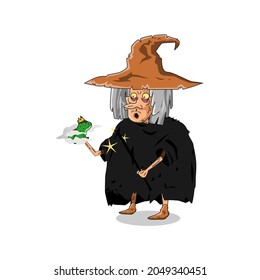 Witch turn prince into frog with magic. vector illustration for halloween celebration.