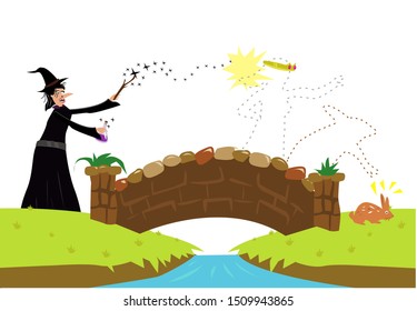 A witch turned a princess into a hare or rabbit in a brdige. Editable Clip Art.