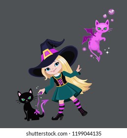 Сute witch turns a black cat into a dragon.