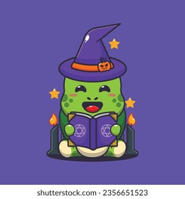 Witch turtle reading spell book. Cute halloween cartoon illustration. 
