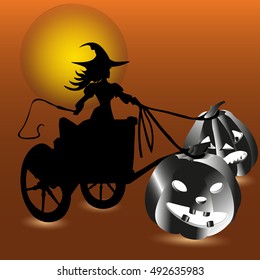 Witch and two pumpkin invitation
Abstract halloween Bookcover of or card style silhouette sketch Enchantress rides on a cart in hand whip two vegetable chariot driven by the moon vector illustration
